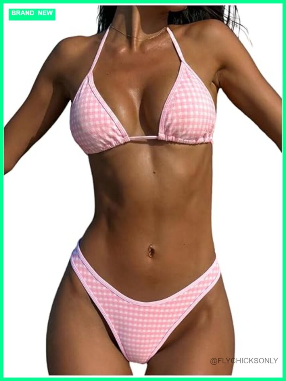 Two Piece Halter Triangle Gingham Bikini Set High Cut Swimwear